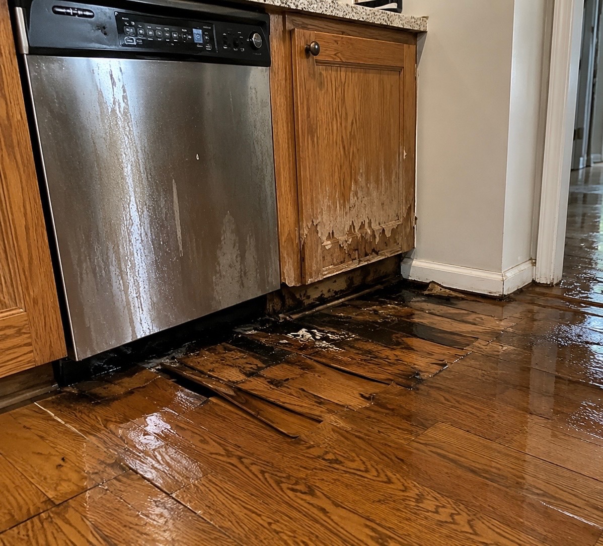 Kitchen water damage from a dishwasher leak with buckled hardwood flooring